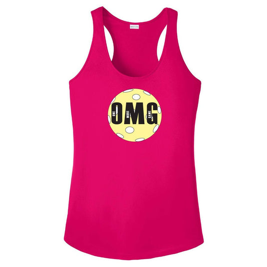 Pickleball Design: OMG (One More Game) - Women's Racerback Tank Shirts for Pickleball  Super fun Pickleball tank top for women who love to play pickleball. You will be a hit on the court with this pickleball court shirt.  A layerable, moisture-wicking must-have with PosiCharge technology to lock in color-all at a great value.  Gently contoured silhouette.  Removable tag for comfort.