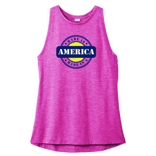 Made in America Pickleball - Women's Sleeveless Tank Shirt  Soft and flowing tank top for Women pickleball players everywhere!!  This ultra comfortable racerback tank combines moisture-wicking performance, unbeatable tri-blend softness and PosiCharge technology to lock in color.  Gently contoured silhouette.  Slight drop tail hem.