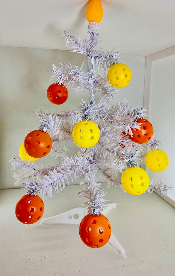 White Christmas Tree With Twelve Mini Pickleball Ornaments | Pickleball Christmas Gifts And Decor
