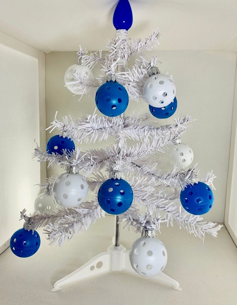 White Christmas Tree With Twelve Mini Pickleball Ornaments | Pickleball Christmas Gifts And Decor