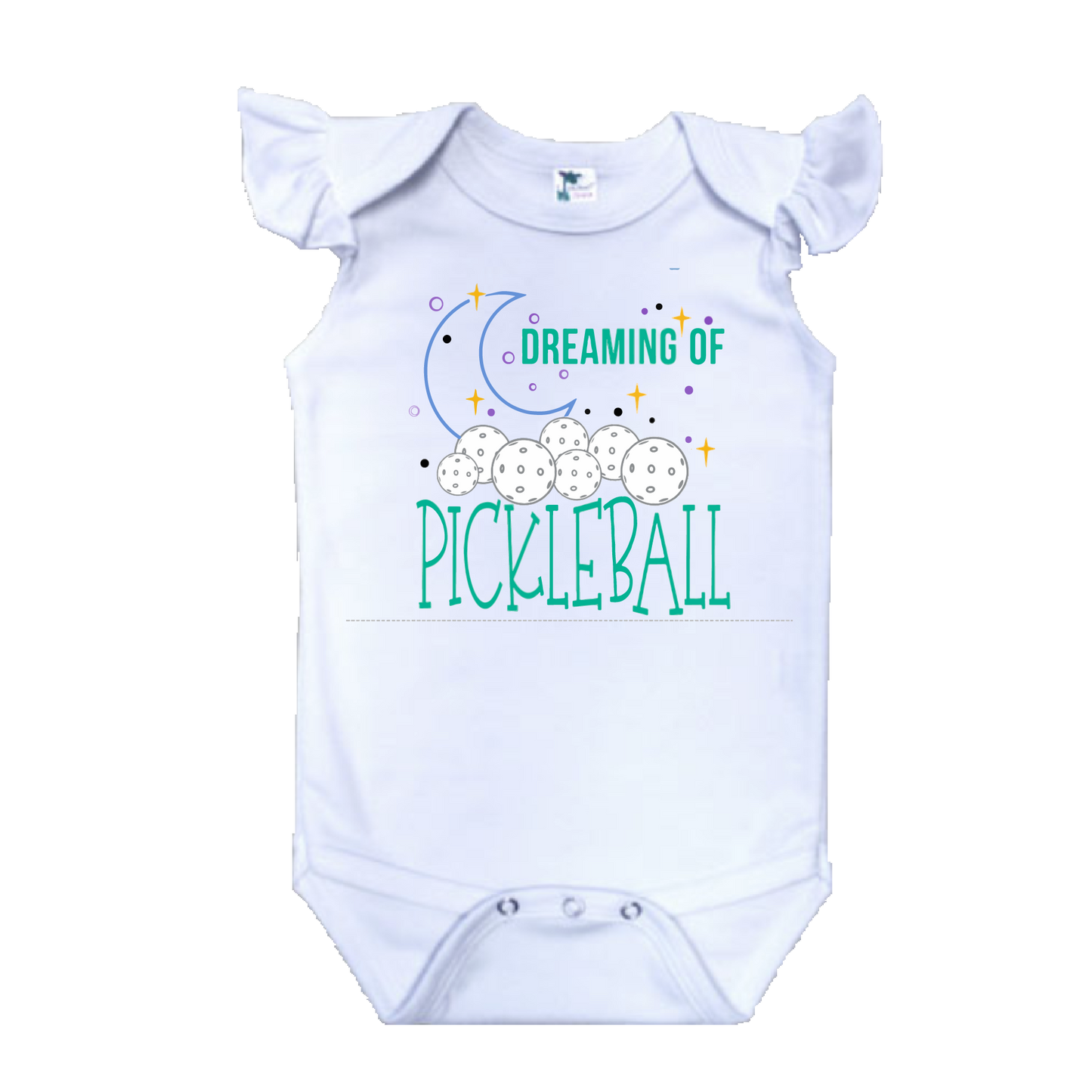 Pickleball Design: Dreaming of Pickleball  It’s a family affair! Show your love with these cute “Onesies” that have Flutter Sleeves designed for the pickleball addict’s newest addition to the family. These unique designs are sure to please the fussiest of babies, parents and grandparents. Makes a perfect shower gift, birthday gift or just because gift.