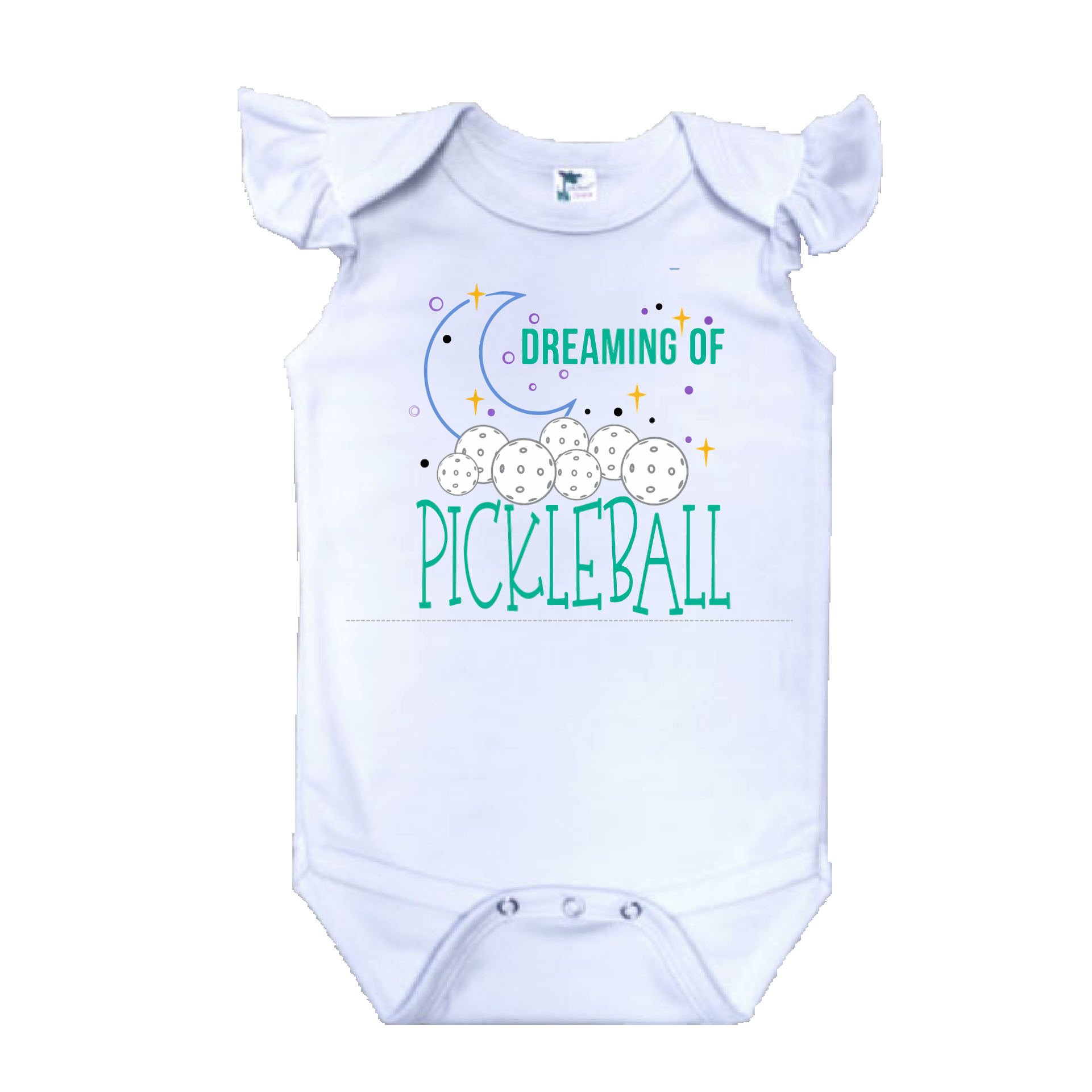 Pickleball Design: Dreaming of Pickleball  It’s a family affair! Show your love with these cute “Onesies” that have Flutter Sleeves designed for the pickleball addict’s newest addition to the family. These unique designs are sure to please the fussiest of babies, parents and grandparents. Makes a perfect shower gift, birthday gift or just because gift.