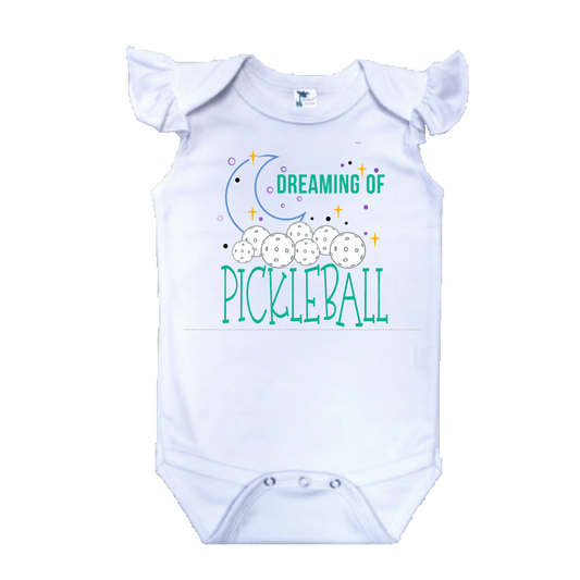 Pickleball Design: Dreaming of Pickleball  It’s a family affair! Show your love with these cute “Onesies” that have Flutter Sleeves designed for the pickleball addict’s newest addition to the family. These unique designs are sure to please the fussiest of babies, parents and grandparents. Makes a perfect shower gift, birthday gift or just because gift.