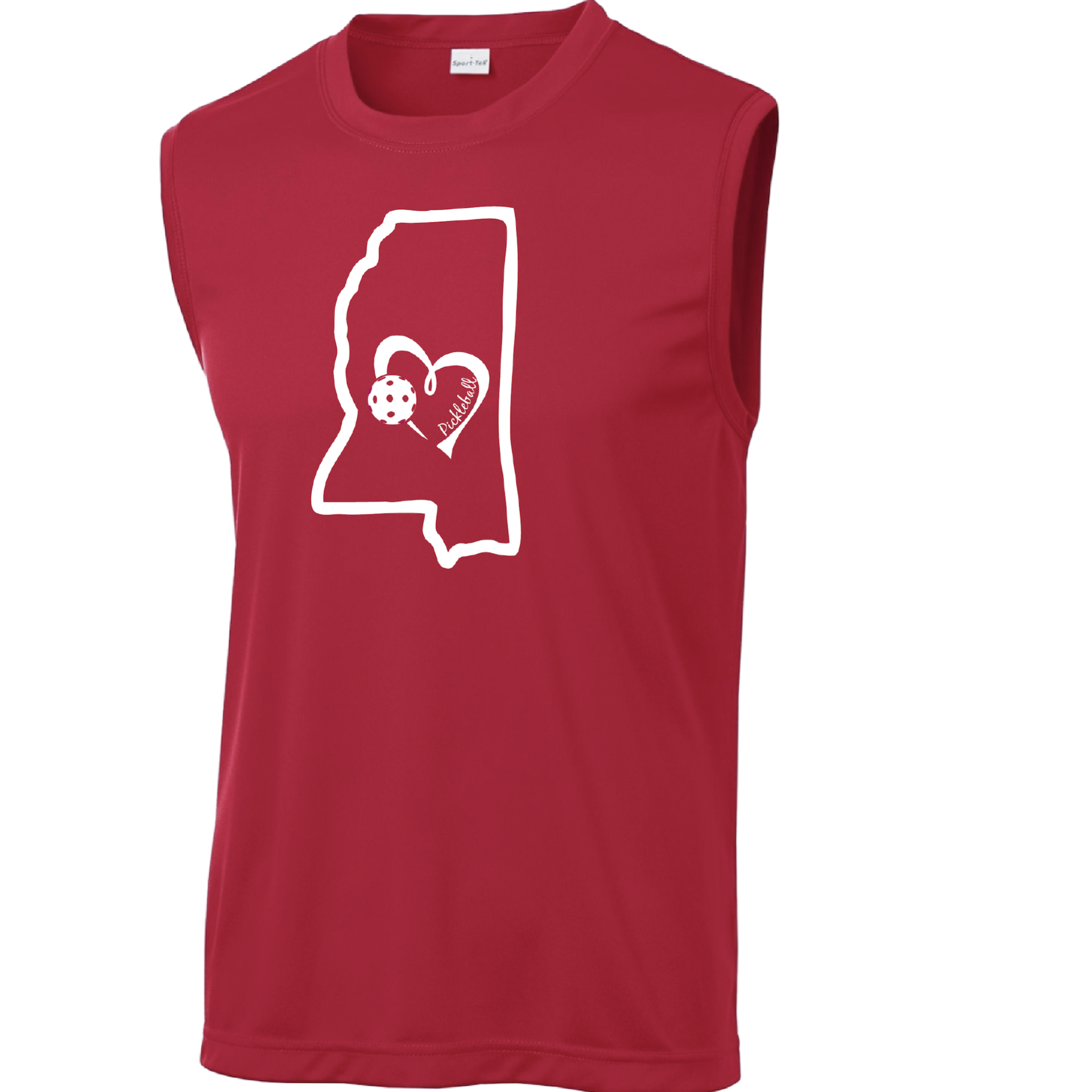 Pickleball Design: Mississippi State with Heart  Men's Styles: Sleeveless  Shirts are lightweight, roomy and highly breathable. These moisture-wicking shirts are designed for athletic performance. They feature PosiCharge technology to lock in color and prevent logos from fading. Removable tag and set-in sleeves for comfort.