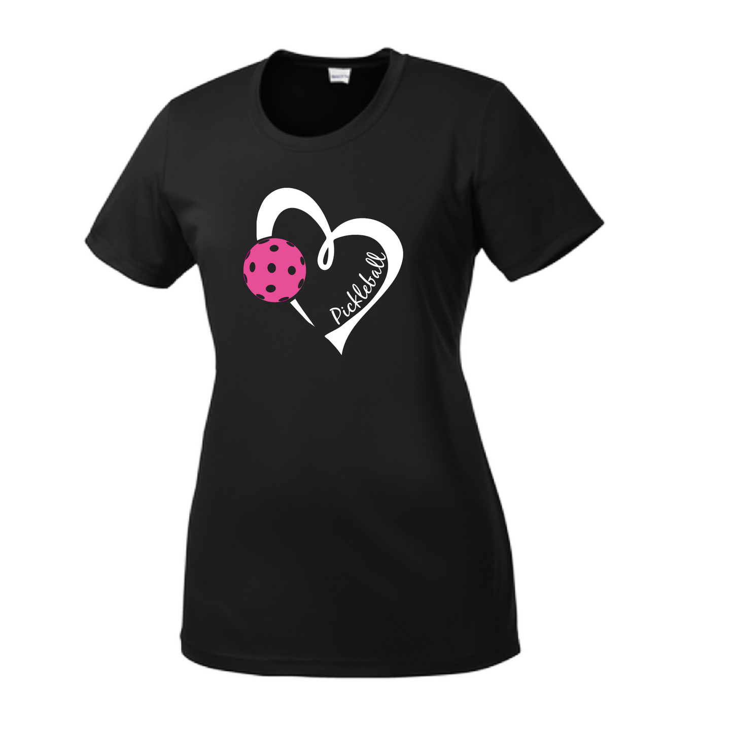 Pickleball Design: Heart with Pickleball  Women's Styles: Short Sleeve Crew-Neck  Turn up the volume in this Women's shirt with its perfect mix of softness and attitude. Material is ultra-comfortable with moisture wicking properties and tri-blend softness. PosiCharge technology locks in color. Highly breathable and lightweight.